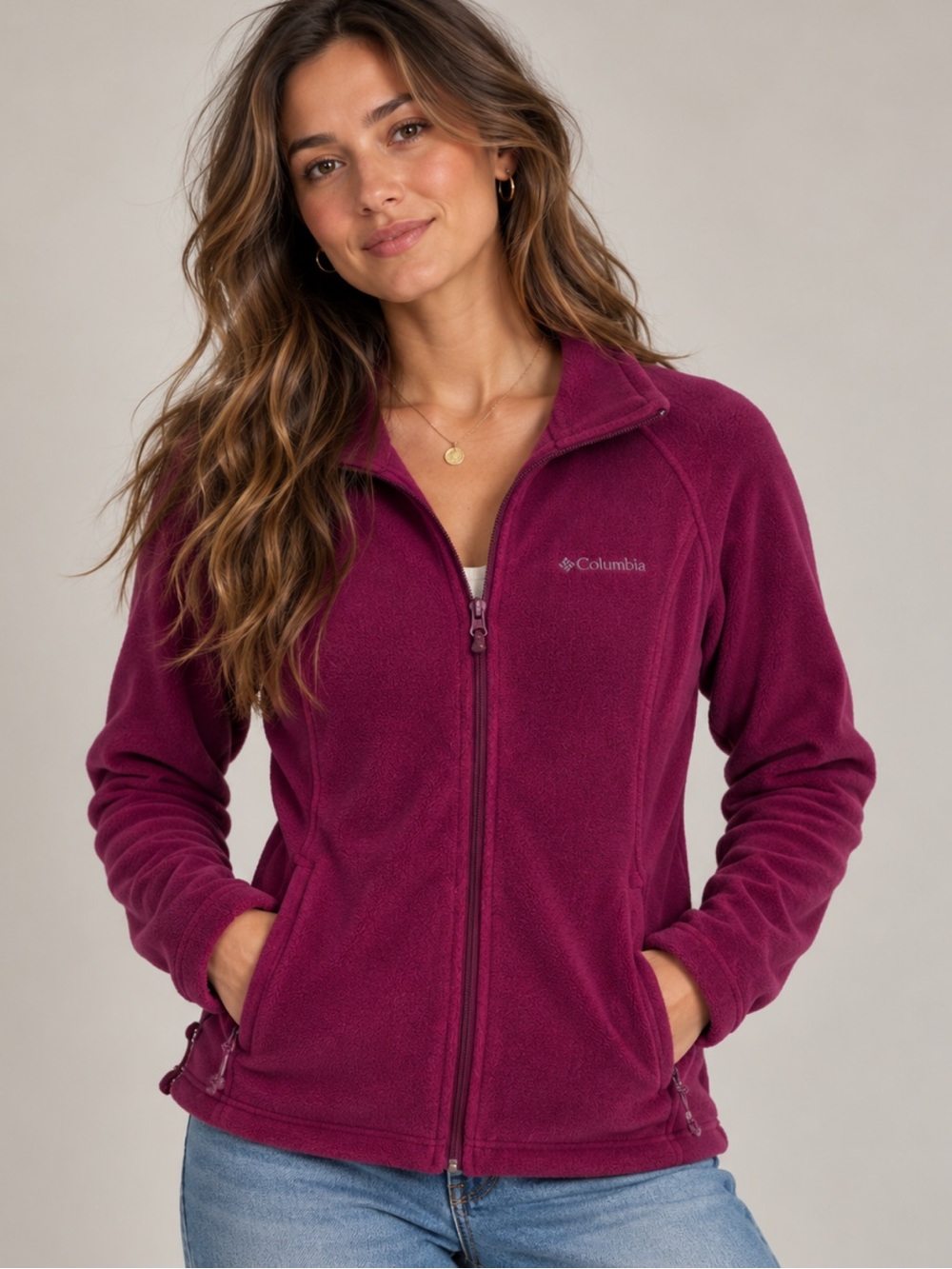 Columbia Full-Zip Fleece Jacket – Size M | Magenta Cozy-Core Outdoor Layer Fall